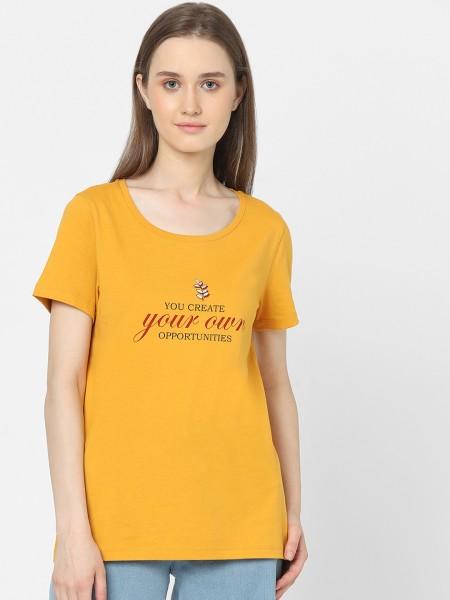 women printed round neck cotton blend yellow t-shirt