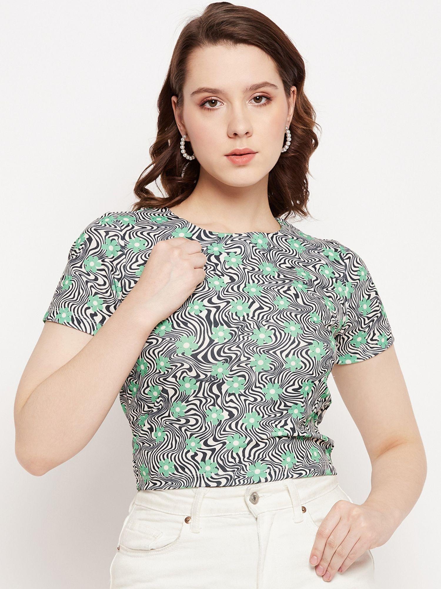 women printed round neck crop top