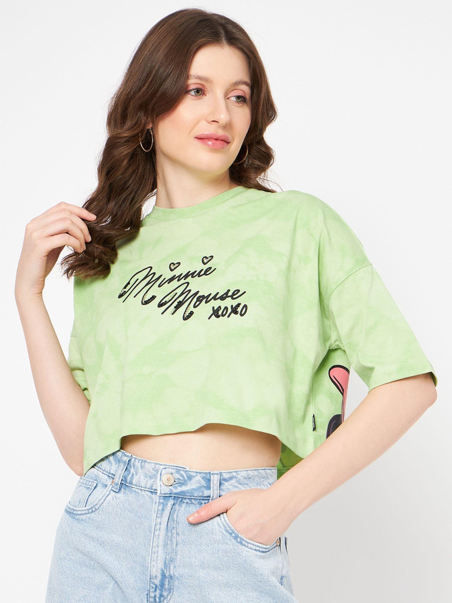 women printed round neck crop top