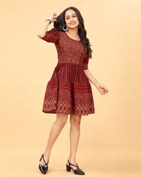 women printed round-neck fit & flare dress