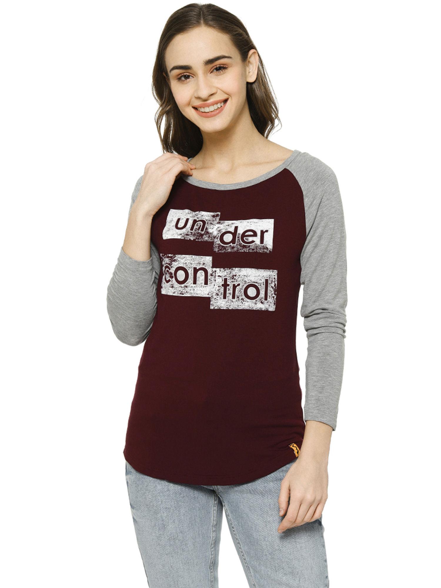 women printed round neck maroon t-shirt