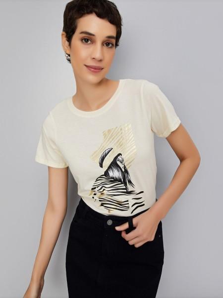 women printed round neck poly cotton beige t-shirt