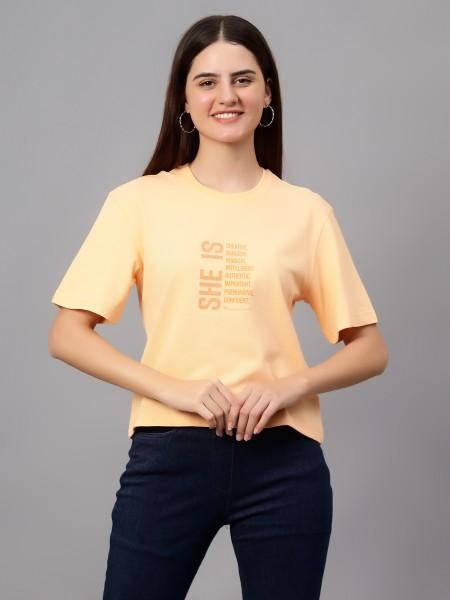 women printed round neck poly cotton orange t-shirt