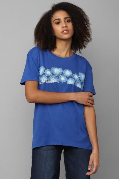 women printed round neck polyester blue t-shirt