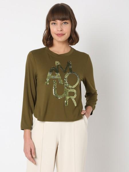 women printed round neck polyester green t-shirt