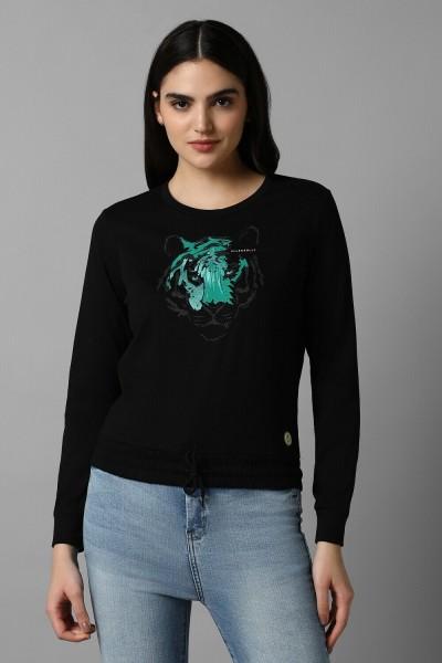 women printed round neck pure cotton black t-shirt