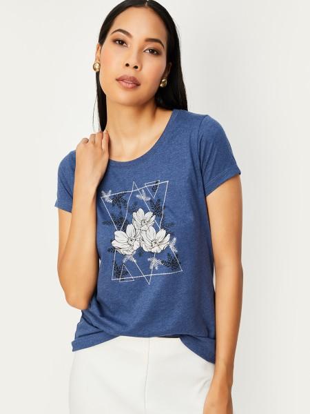 women printed round neck pure cotton blue t-shirt