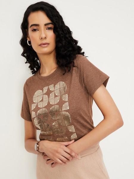 women printed round neck pure cotton brown t-shirt