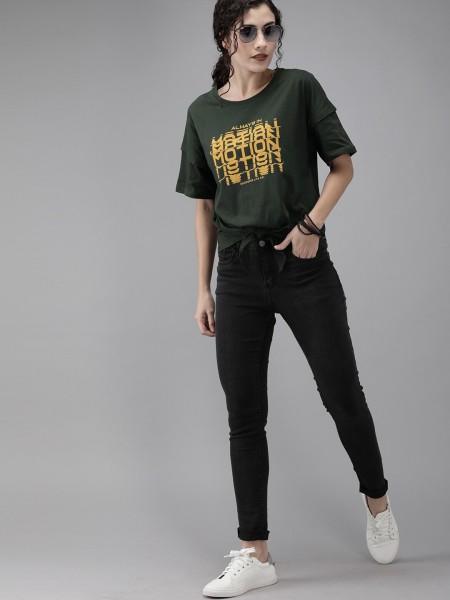 women printed round neck pure cotton dark green t-shirt