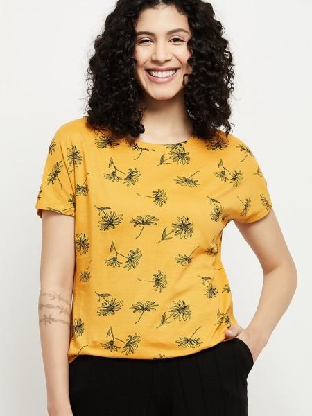 women printed round neck pure cotton gold t-shirt