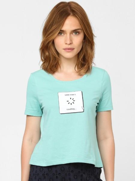 women printed round neck pure cotton green t-shirt