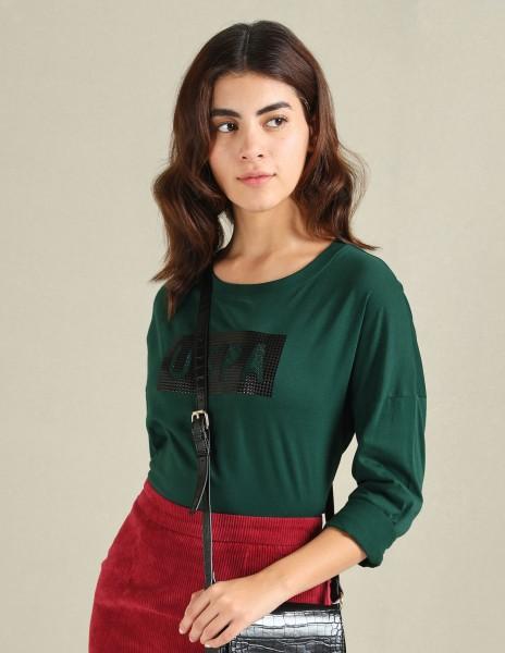 women printed round neck pure cotton green t-shirt