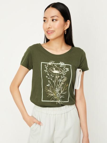 women printed round neck pure cotton green t-shirt