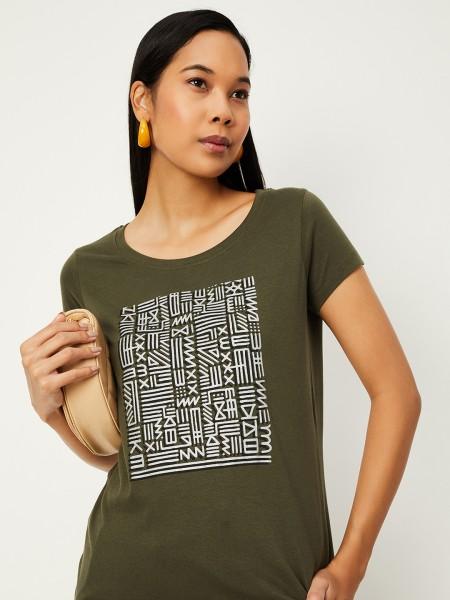 women printed round neck pure cotton green t-shirt