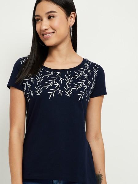 women printed round neck pure cotton navy blue t-shirt