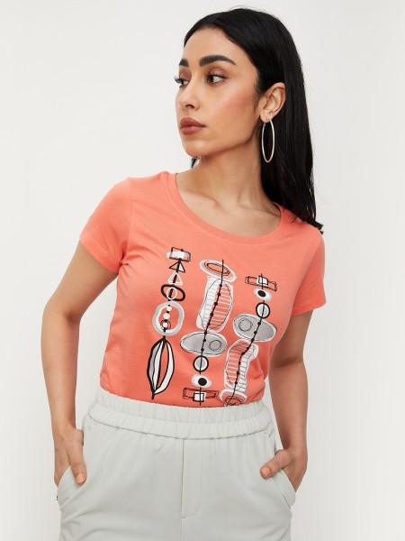 women printed round neck pure cotton orange t-shirt