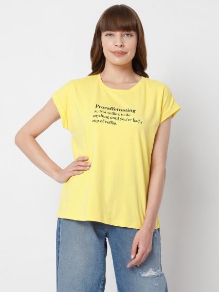 women printed round neck pure cotton yellow t-shirt