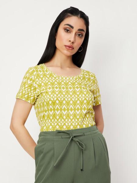 women printed round neck pure cotton yellow t-shirt