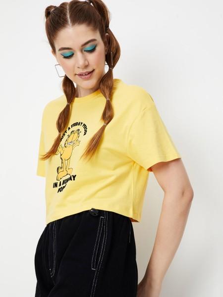 women printed round neck pure cotton yellow t-shirt