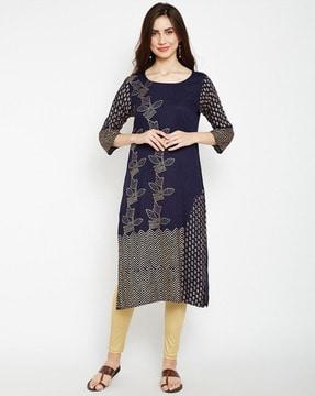 women printed round-neck straight kurta