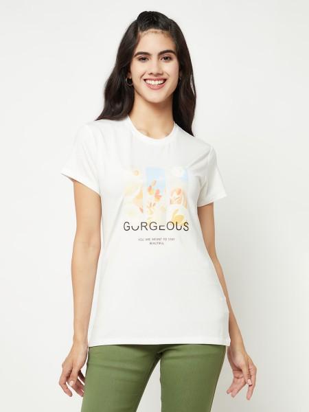 women printed round neck viscose rayon white t-shirt