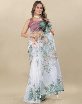 women printed saree with blouse piece