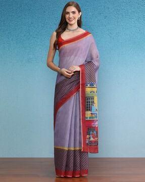 women printed saree with contrast border