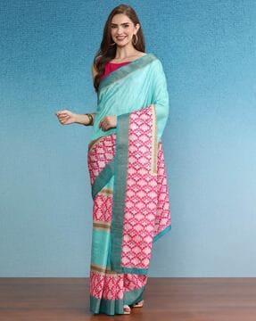 women printed saree with contrast border