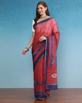 women printed saree with contrast border