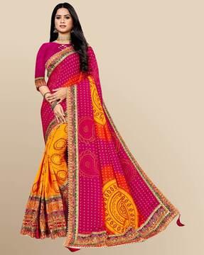 women printed saree with scalloped border