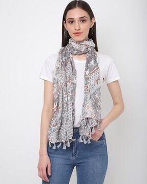 women printed scarf with tassels