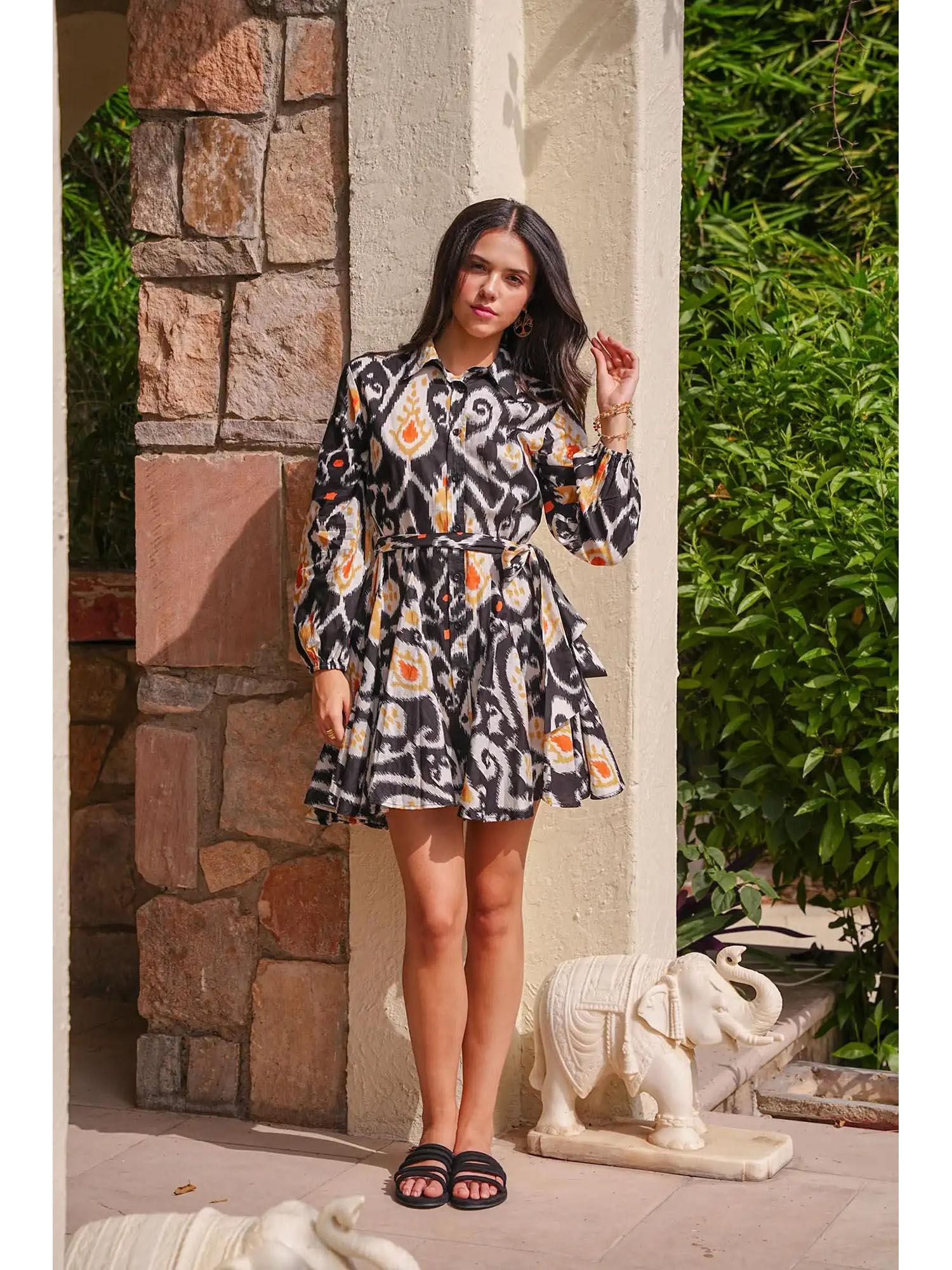 women printed shirt dress with belt