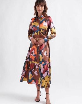 women printed shirt dress with full sleeves