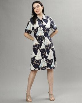 women printed shirt dress with spread collar