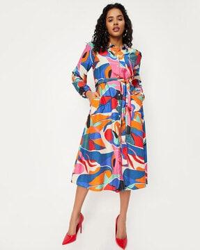 women printed shirt dress with waist tie-up