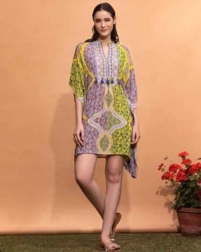 women printed short kaftan dress with embroidery