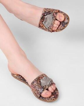women printed slides slip-on flat sandals