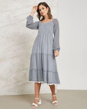 women printed smocked a-line dress