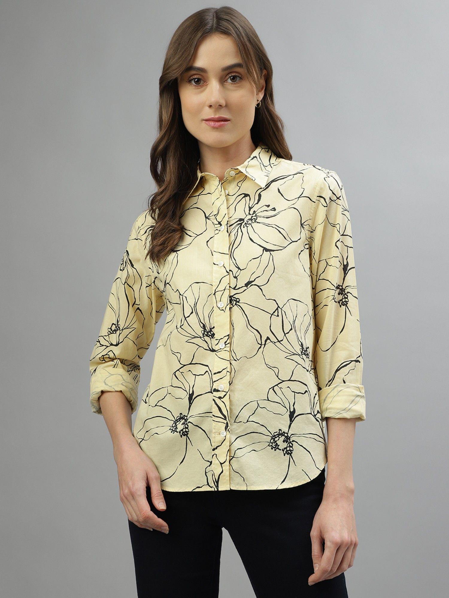 women printed spread collar full sleeves shirt