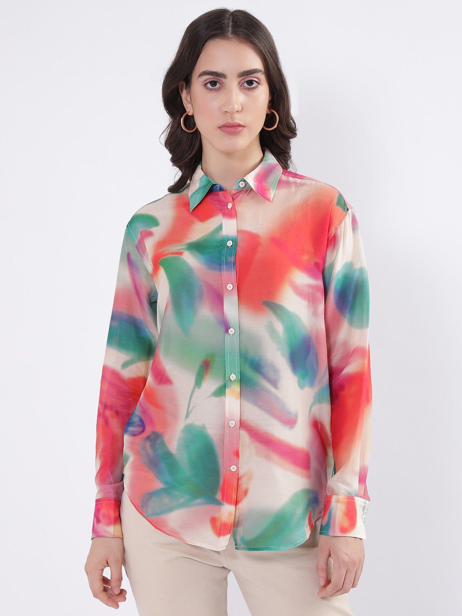 women printed spread collar shirt