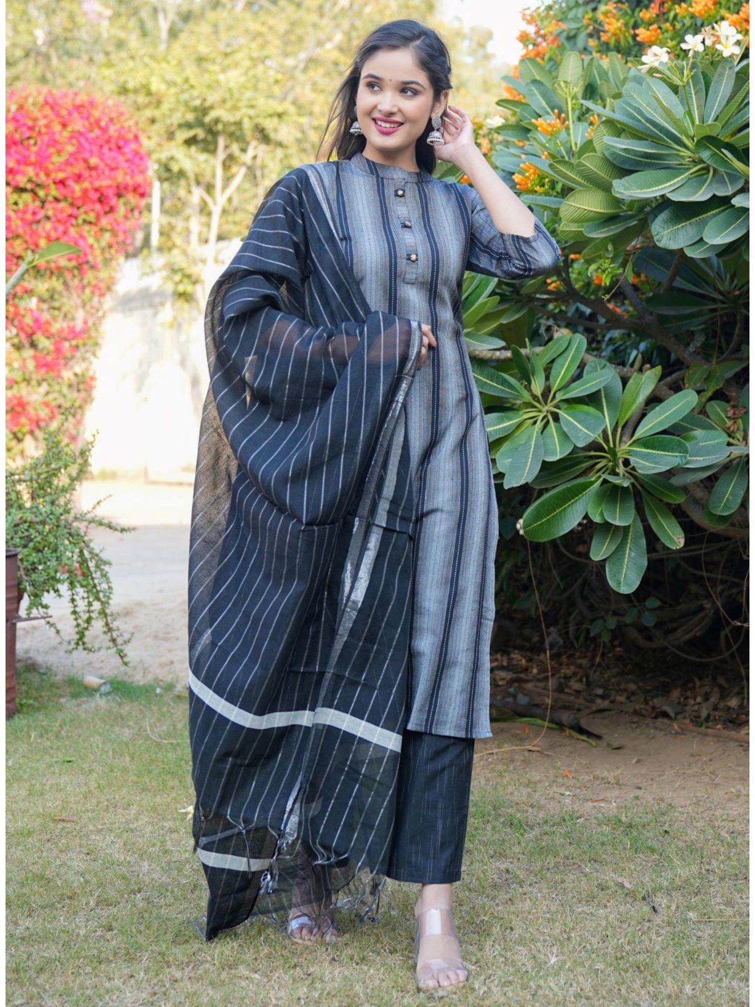 women printed straight cotton blend black kurta & pant with dupatta (set of 3)