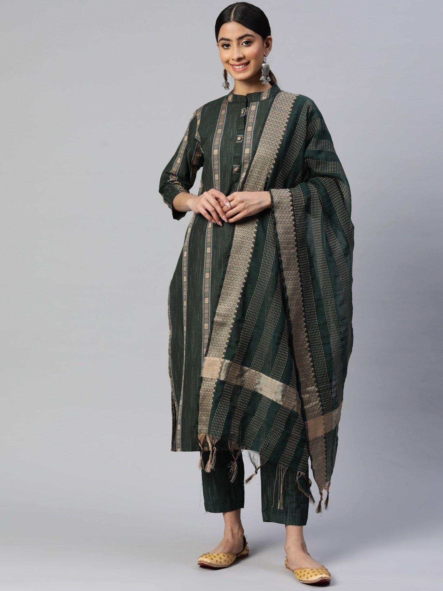 women printed straight cotton blend green stitched kurta pant with dupatta (set of 3)