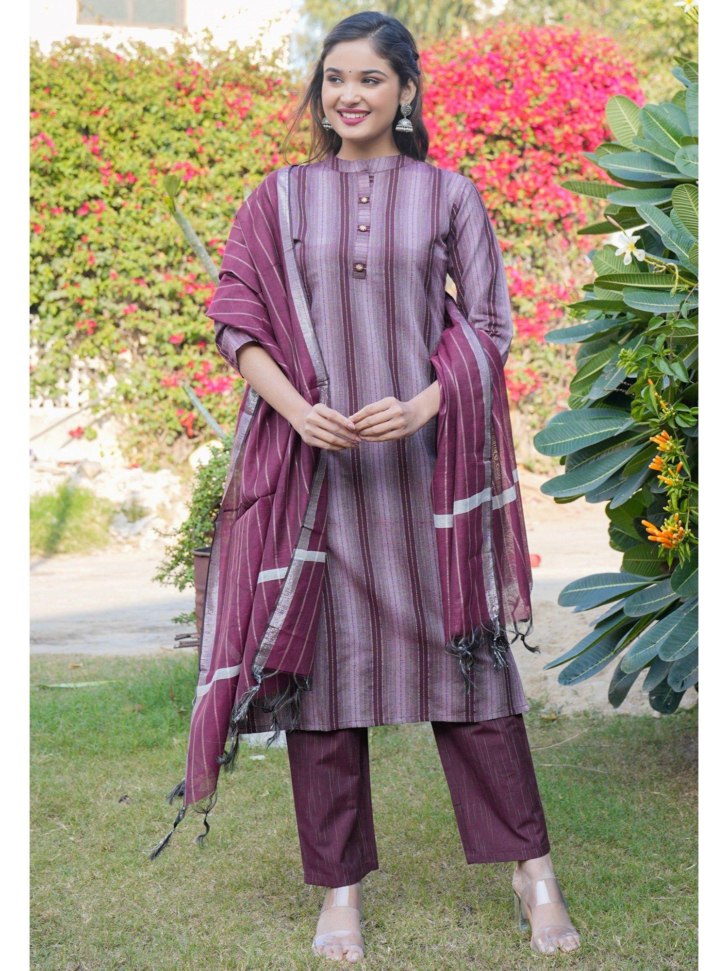 women printed straight cotton blend wine kurta & pant with dupatta (set of 3)