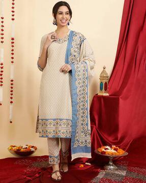 women printed straight kurta & pants with dupatta