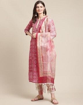 women printed straight kurta set with dupatta