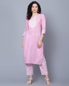 women printed straight kurta set with dupatta