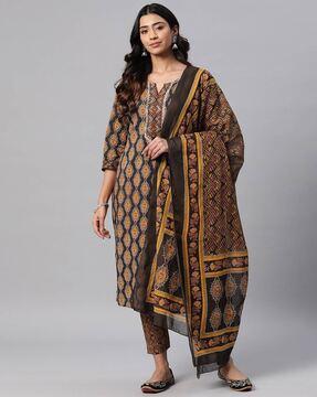 women printed straight kurta set with dupatta