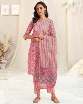 women printed straight kurta set with dupatta