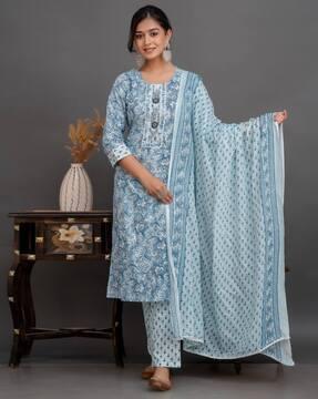 women printed straight kurta set with dupatta