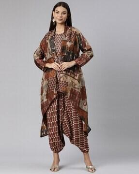 women printed straight kurta set with jacket